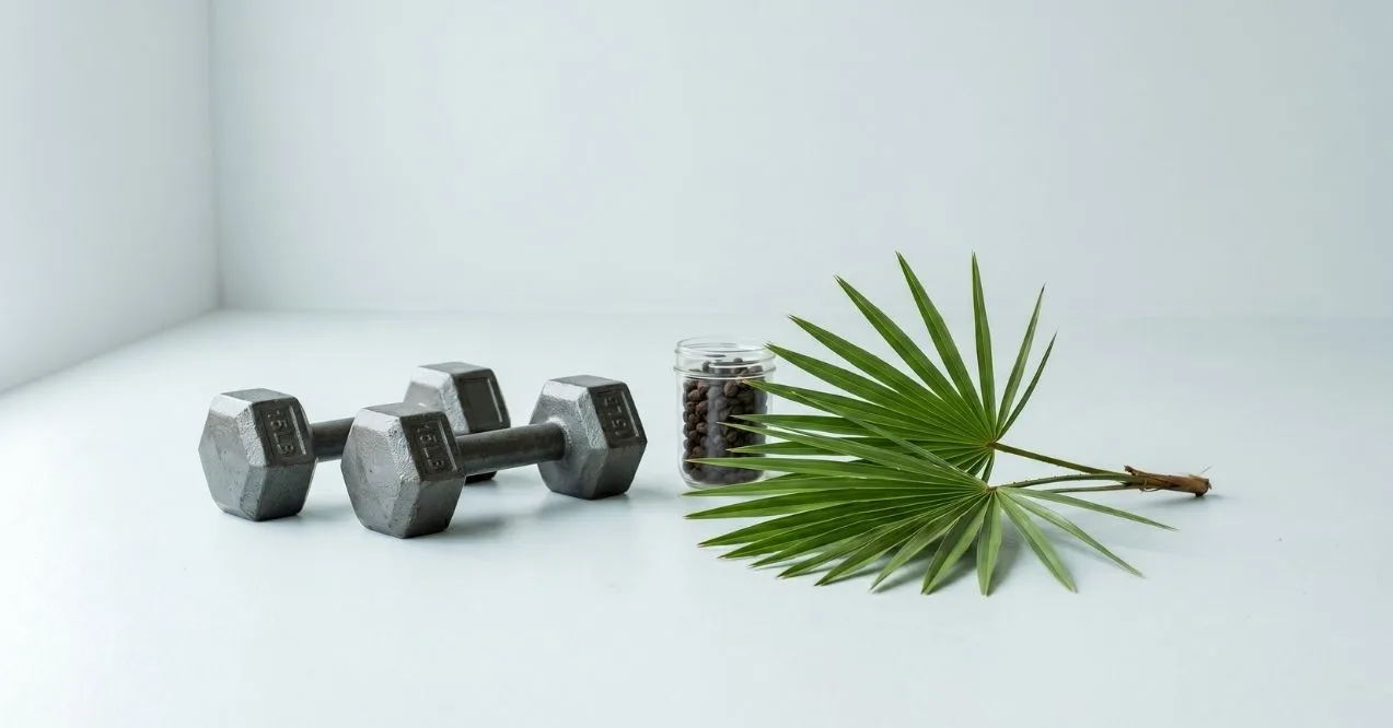 Saw palmetto berries in a glass jar beside dumbbells