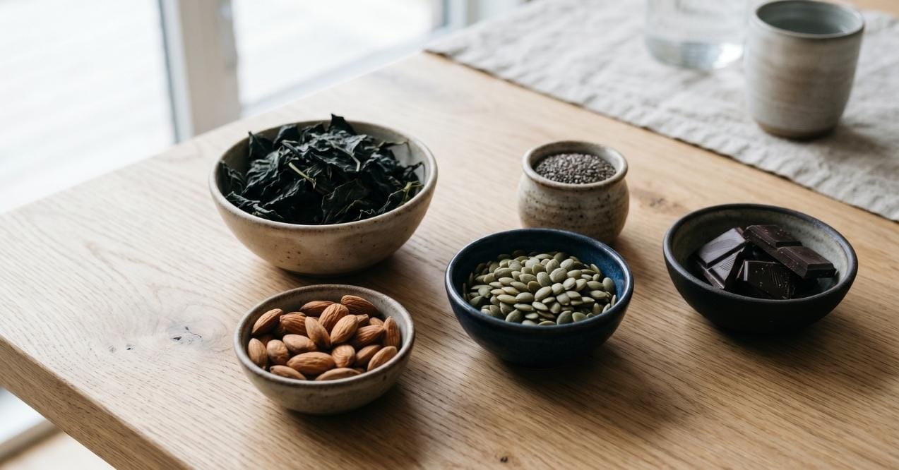 Bowls of magnesium-rich foods