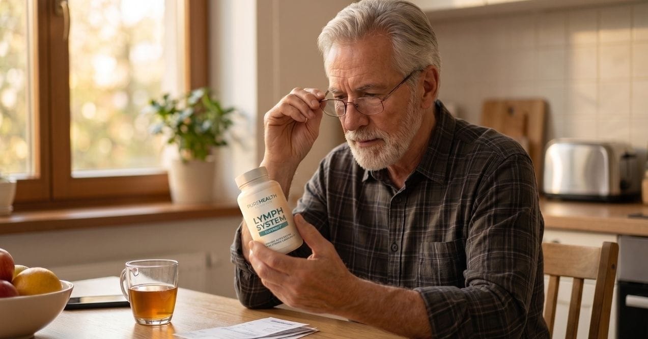 Older man reading a Lymph System supplement bottle at a kitchen table