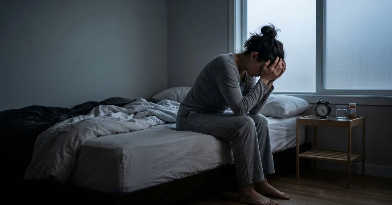 Woman sitting on bed looking stressed