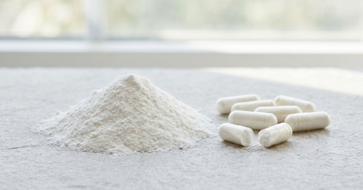 Magnesium powder and capsules on a clean surface