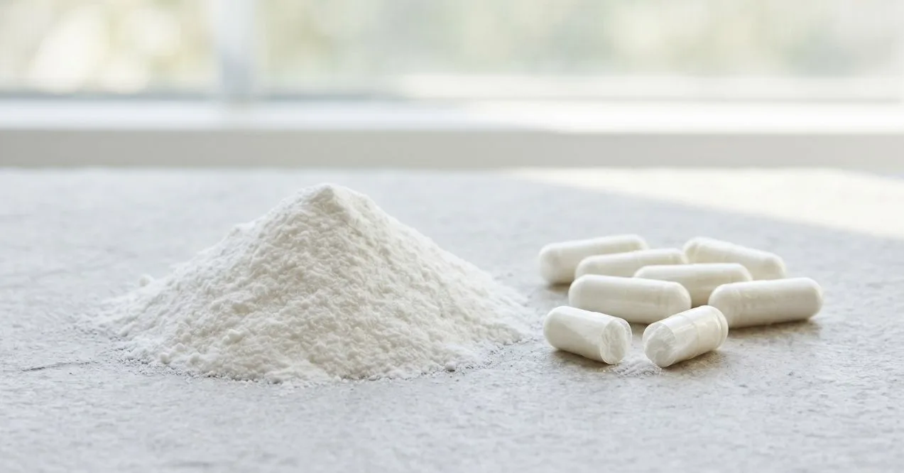 Magnesium powder and capsules on a clean surface