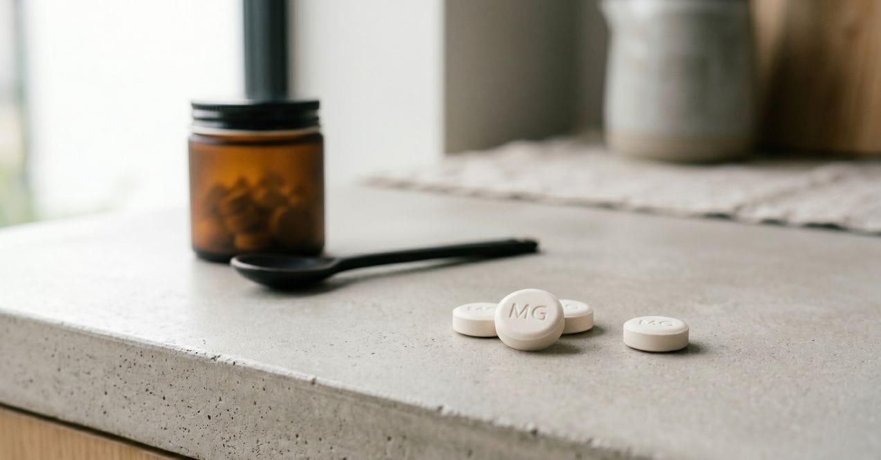 Magnesium tablets on a countertop beside a supplement jar and spoon