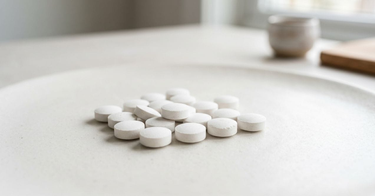 Pile of white magnesium tablets on a countertop
