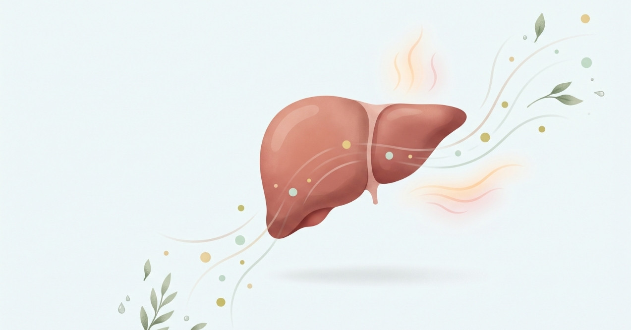 Illustration of the liver surrounded by flowing lines and botanical elements, representing liver detoxification