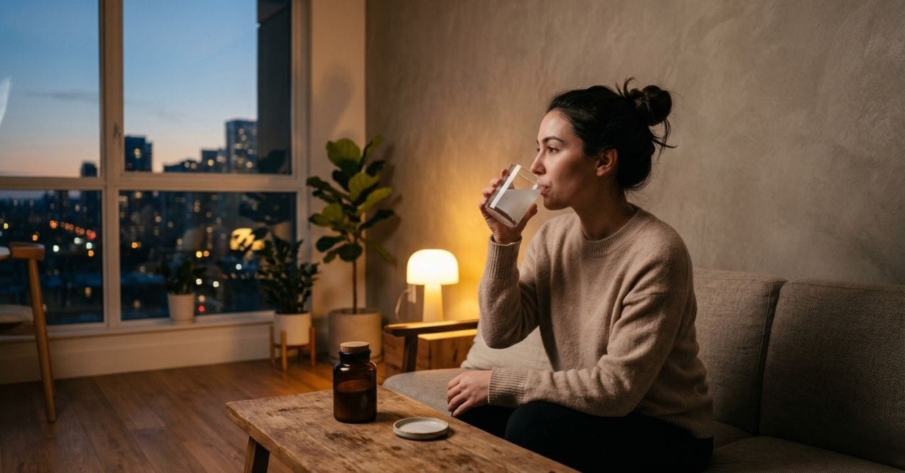 Woman drinking from a glass beside a supplement bottle at home