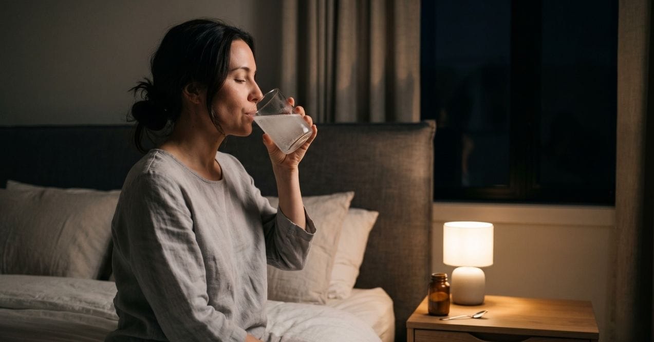 Woman drinking a glass of water with magnesium powder at night