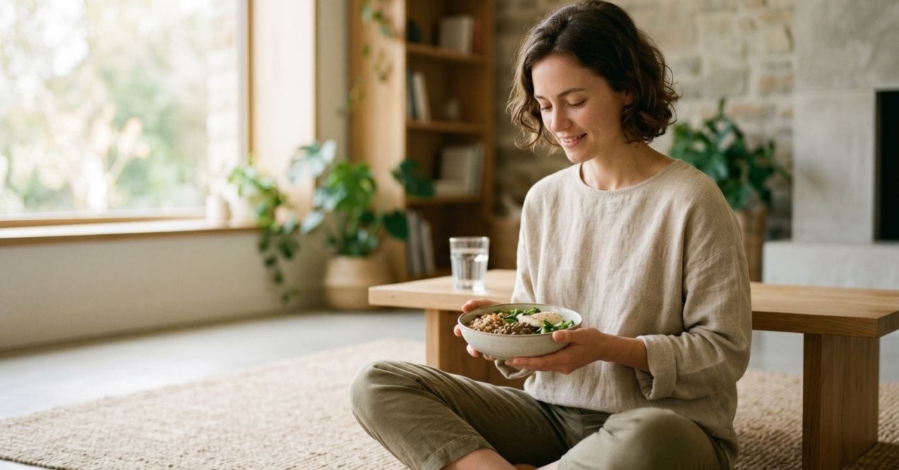 Woman eating a balanced meal at home to support healthy digestion