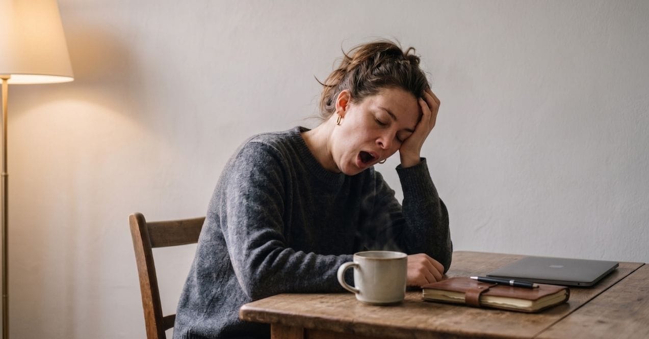 Tired woman yawning while sitting at a table with a coffee mug