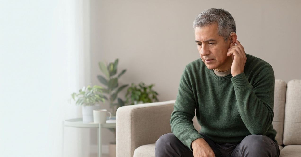 Man sitting on a couch touching his ear while experiencing dizziness