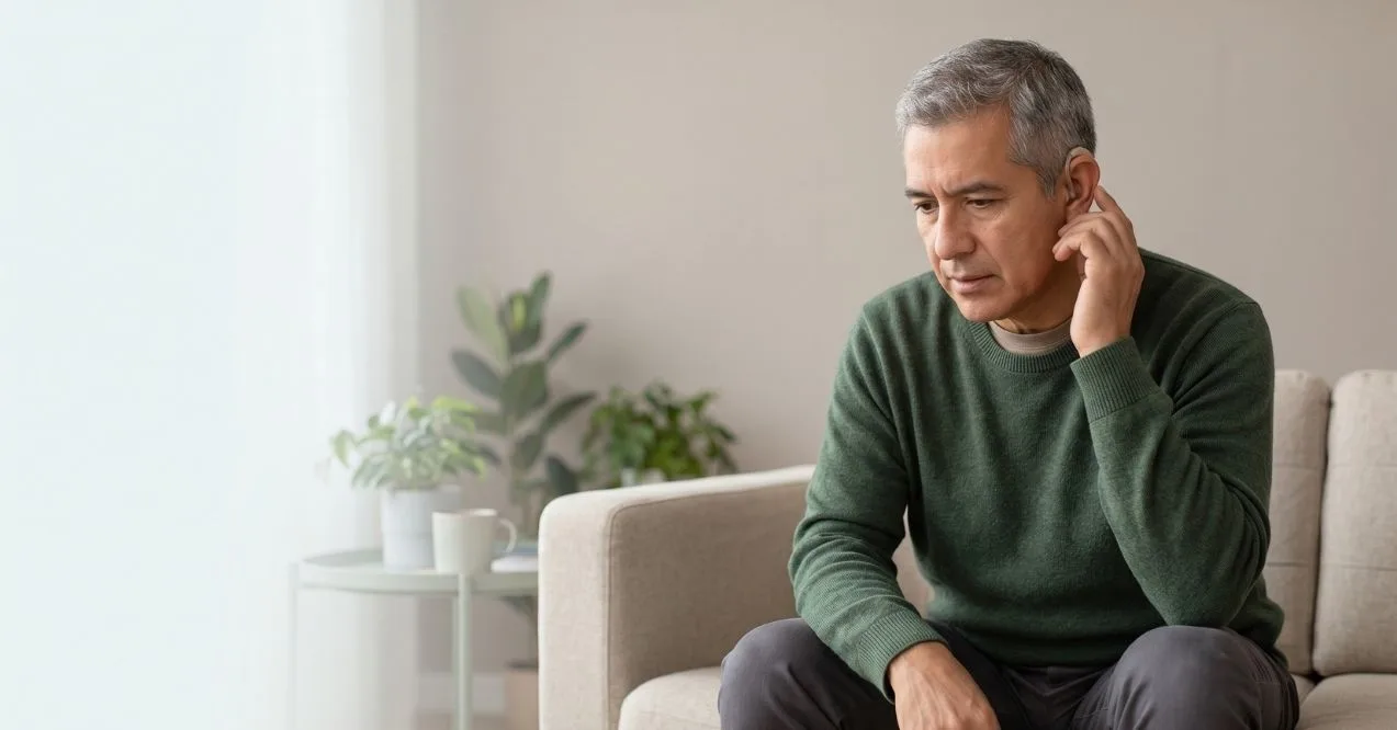 Man sitting on a couch touching his ear while experiencing dizziness