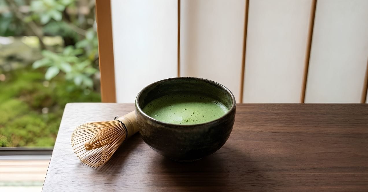 Bowl of matcha tea with a bamboo whisk on a wooden table