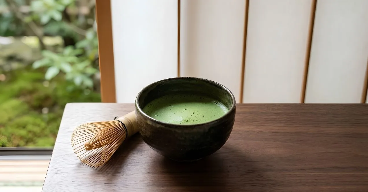 Bowl of matcha tea with a bamboo whisk on a wooden table