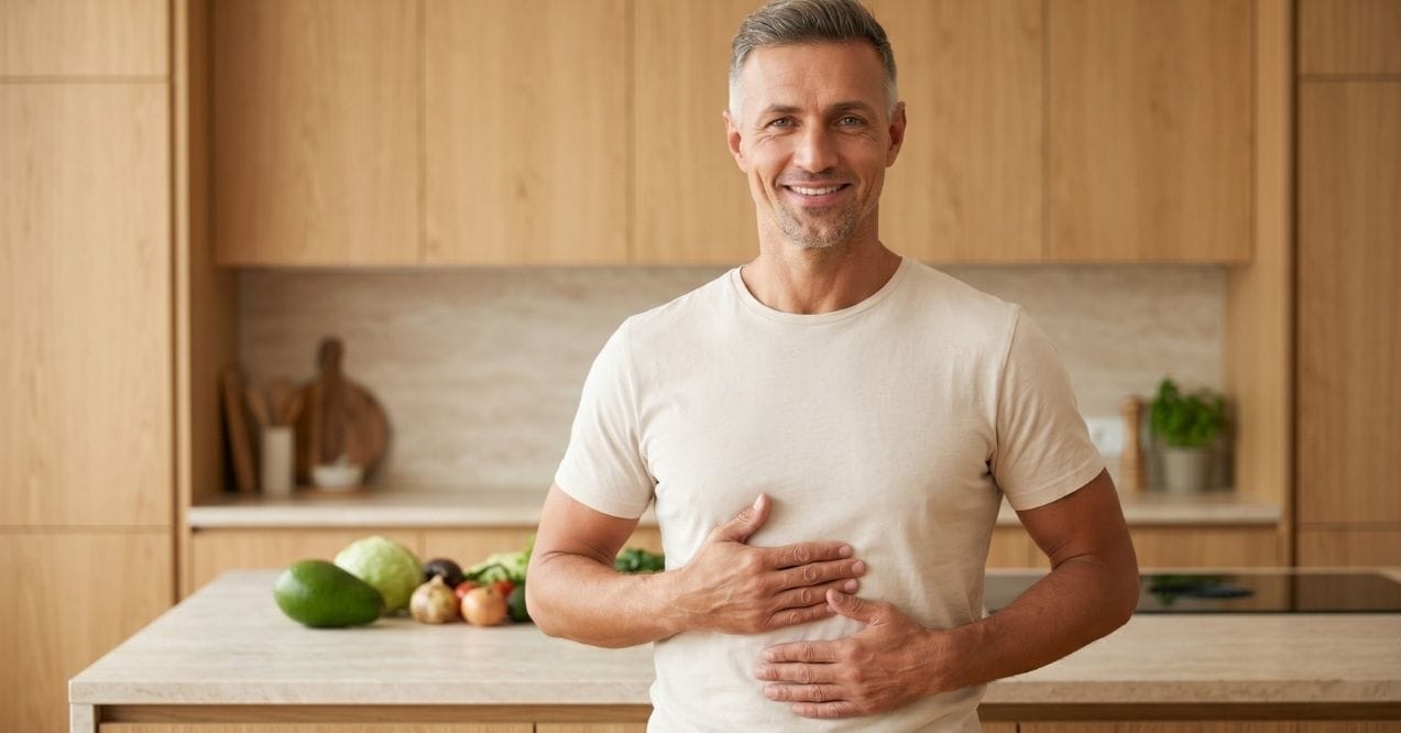 Man standing in a kitchen holding his stomach and smiling