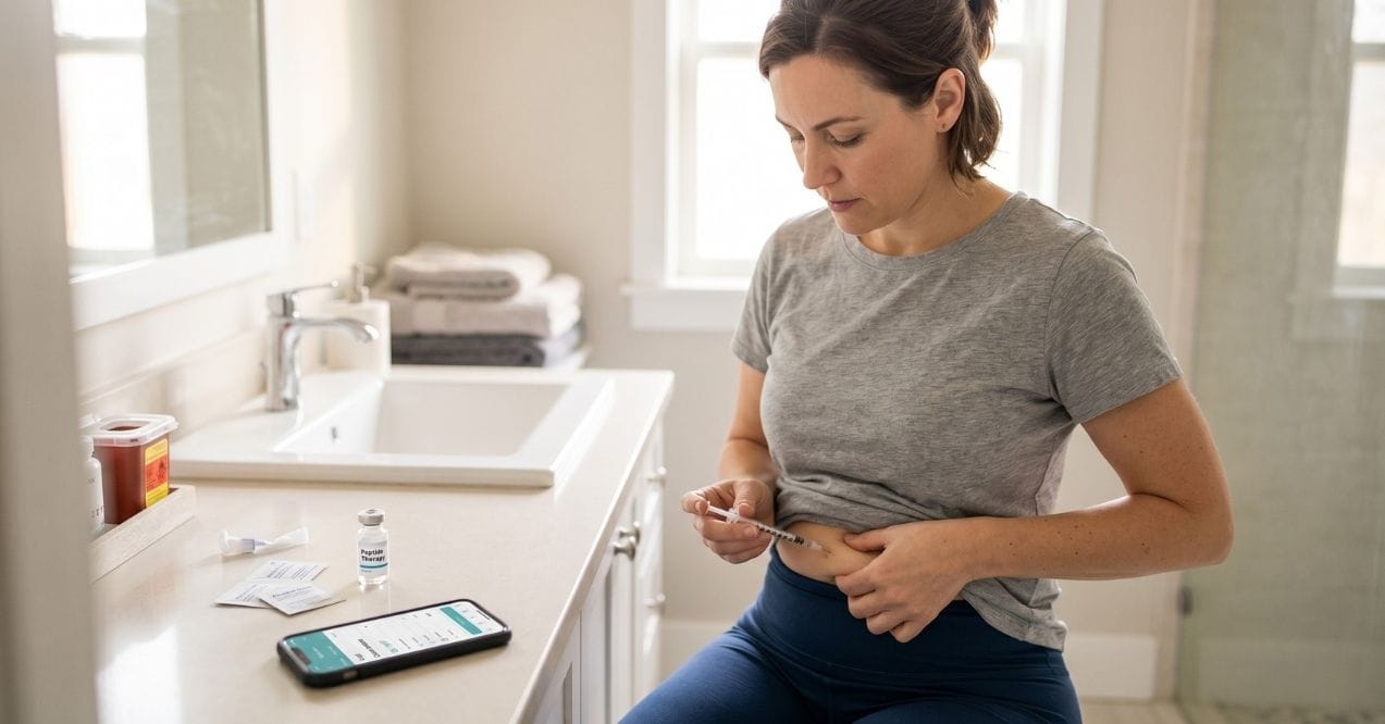 Woman preparing a peptide injection in the abdomen for weight management