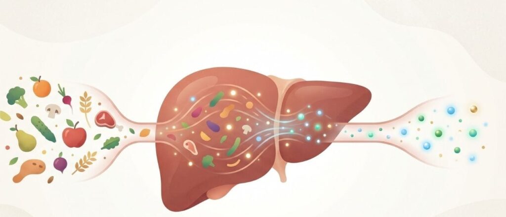 Illustration of the liver processing nutrients and filtering substances