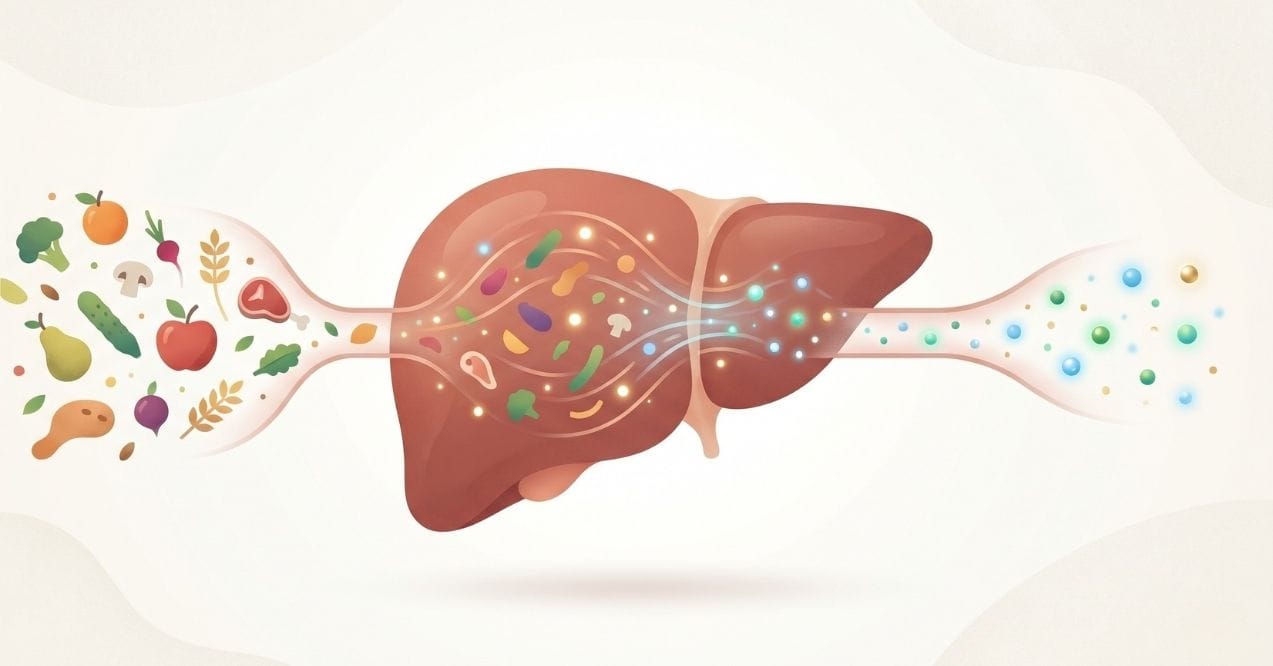 Illustration of the liver processing nutrients and filtering substances