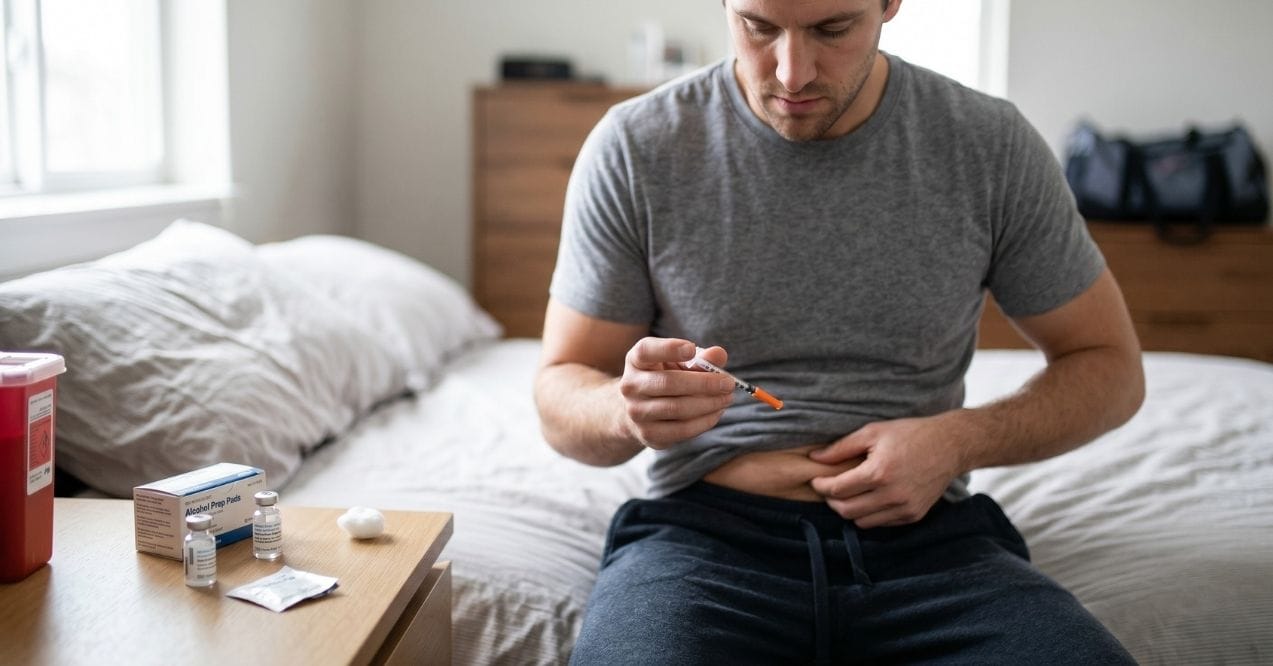 Man preparing a peptide injection at home