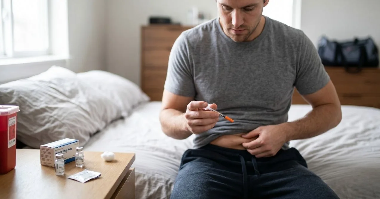 Man preparing a peptide injection at home