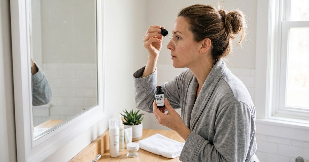 Woman applying a peptide serum to her face in front of a bathroom mirror
