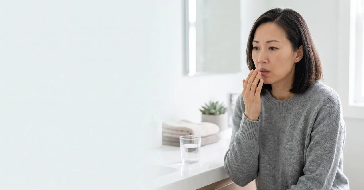 Woman covering her mouth while checking for bad breath caused by cavities