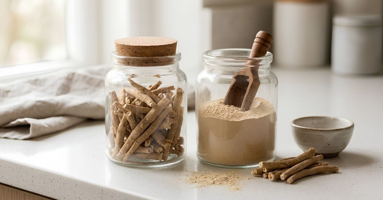 Ashwagandha roots and powder stored in glass jars on a kitchen countertop