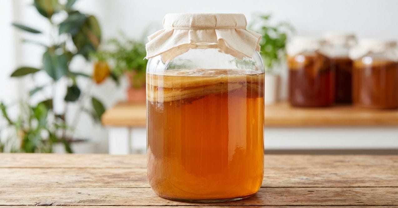 Jar of kombucha tea on a wooden table
