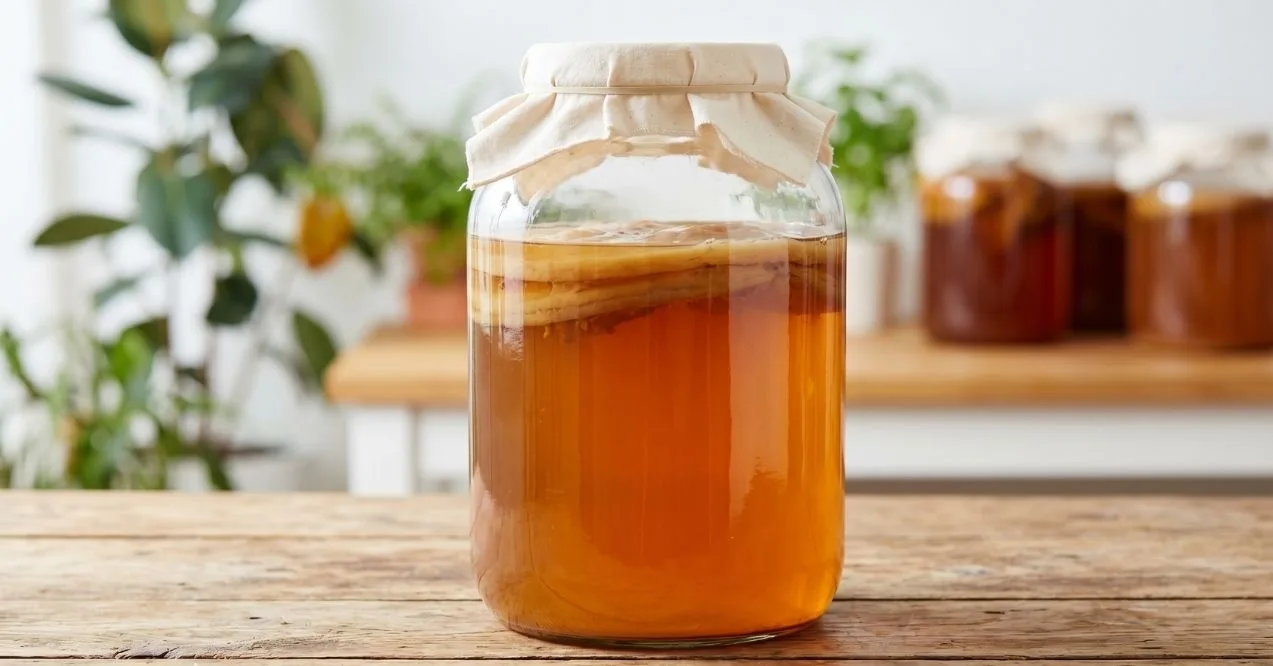Jar of kombucha tea on a wooden table