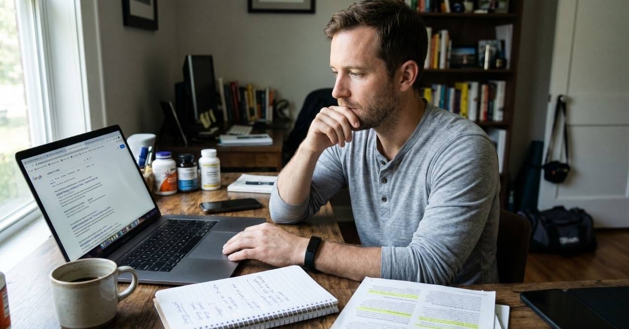 Man researching peptide supplements for energy support