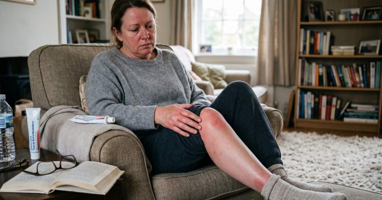 Person experiencing knee discomfort while resting in a chair