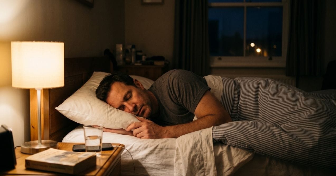 Man enjoying restful sleep in a dimly lit bedroom