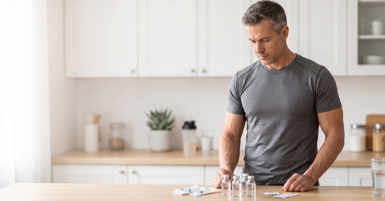 Man preparing peptide vials and supplies for testosterone-related therapy