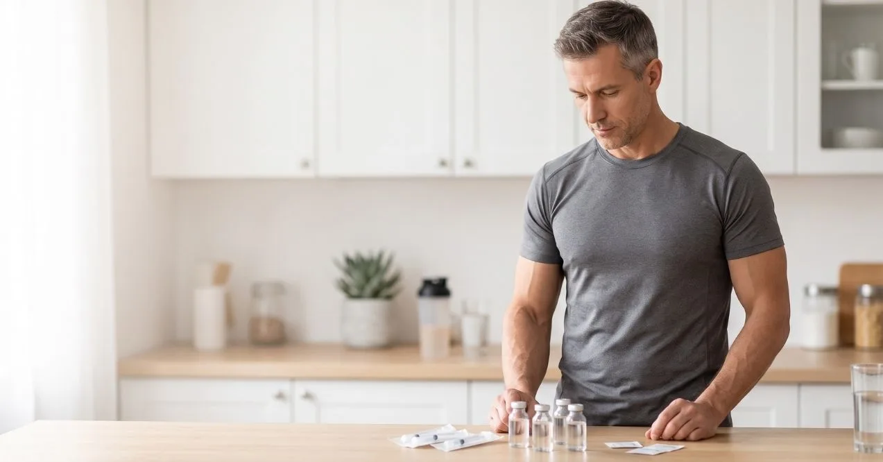 Man preparing peptide vials and supplies for testosterone-related therapy