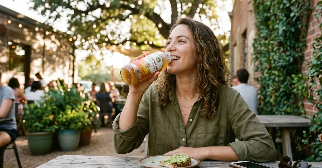 Woman drinking kombucha at an outdoor café
