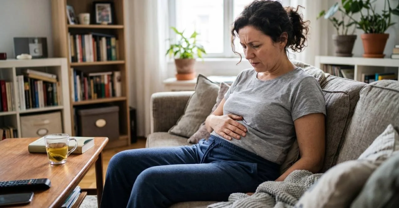 Woman sitting on a couch holding her stomach due to bloating