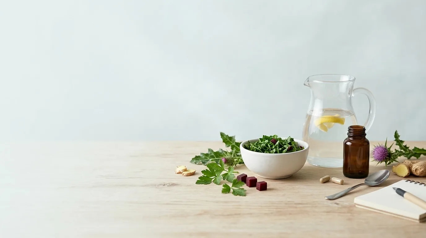 Flat lay of liver-support ingredients: leafy greens, lemon water, ginger, beets, capsules, and a notebook