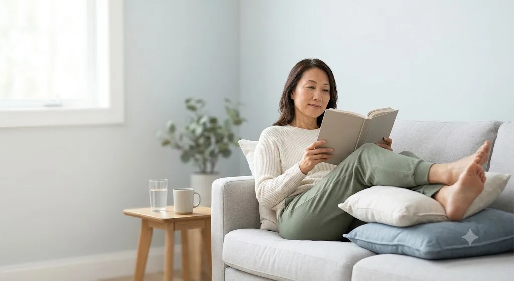 Woman relaxing on a couch with her legs elevated, a common tip addressed in varicose vein myths