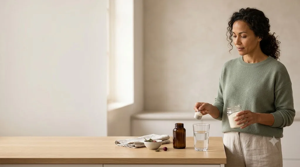 Woman preparing a supplement at home, checking the label on her collagen peptide supplement