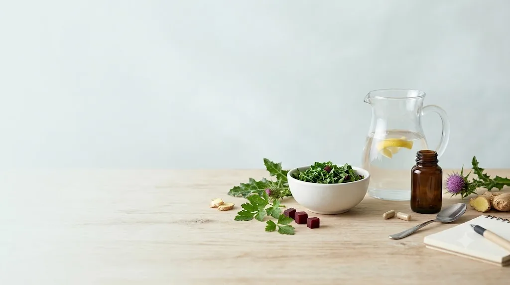 Fresh herbs, lemon water, and a supplement bottle arranged on a table, reflecting habits behind liver health statistics