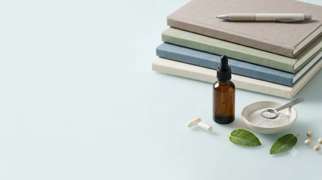 Supplement dropper bottle, capsules, and reference books, representing peptides research and evidence