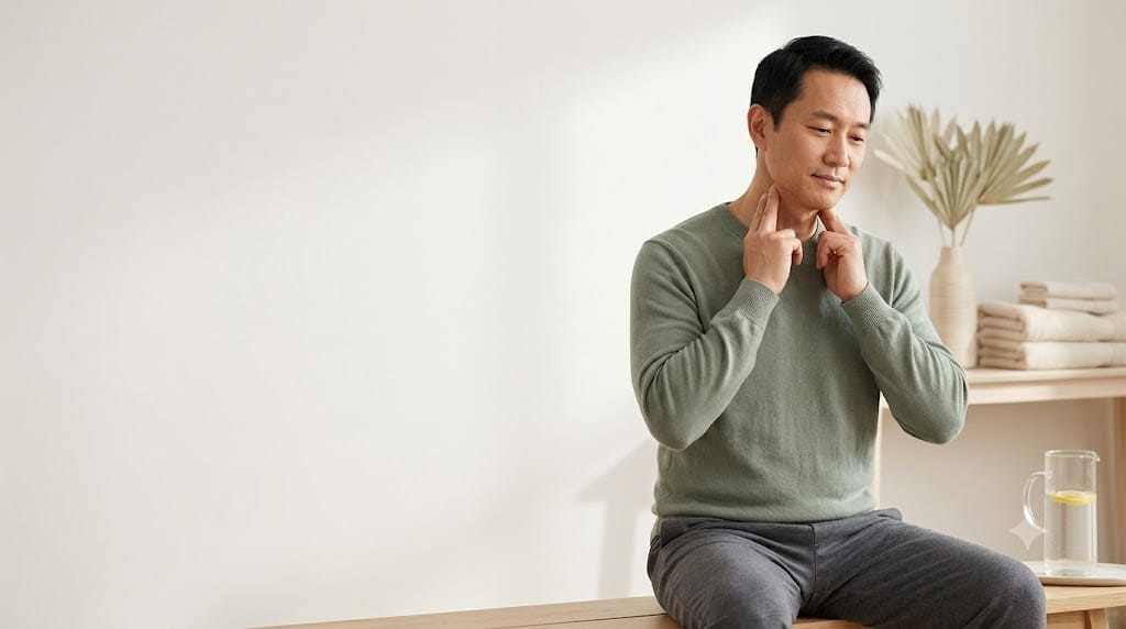 Man performing a self-massage technique at home, one method reviewed in the lymphatic drainage evidence