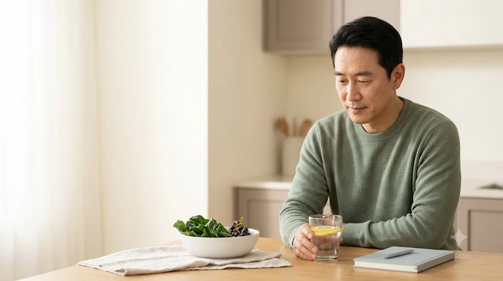 Man reviewing his liver blood tests results at his kitchen table with a glass of water