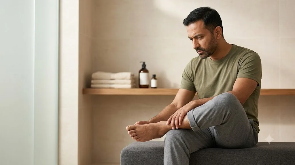 Man examining his foot at home, reflecting how common toenail fungus statistics show the condition to be