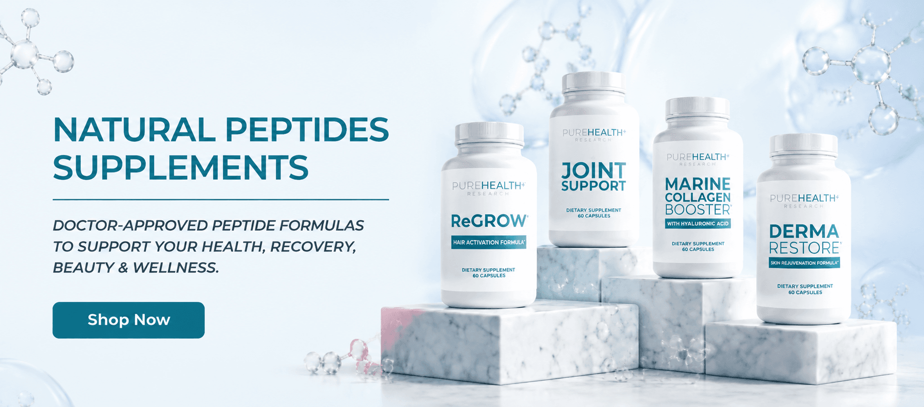 PureHealth Research natural peptide supplements shown alongside molecular structures, illustrating the peptides research behind the products