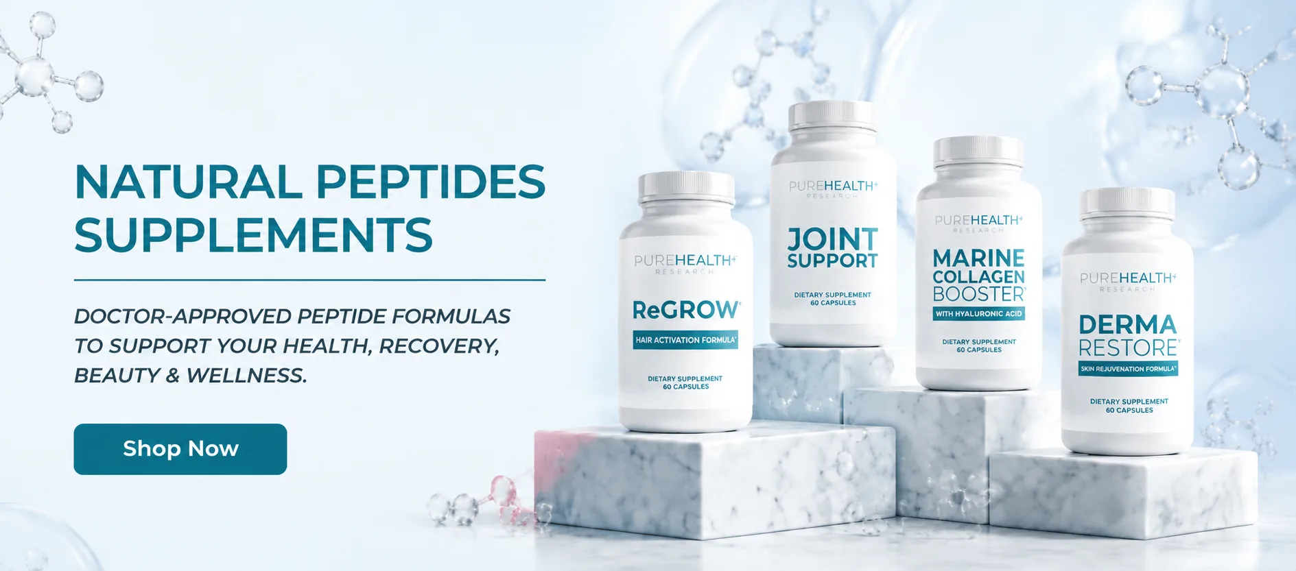 PureHealth Research natural peptide supplements shown alongside molecular structures, illustrating the peptides research behind the products