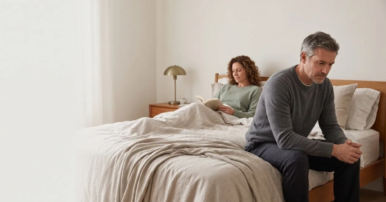 Man sitting on the edge of a bed looking concerned while his partner reads in the background