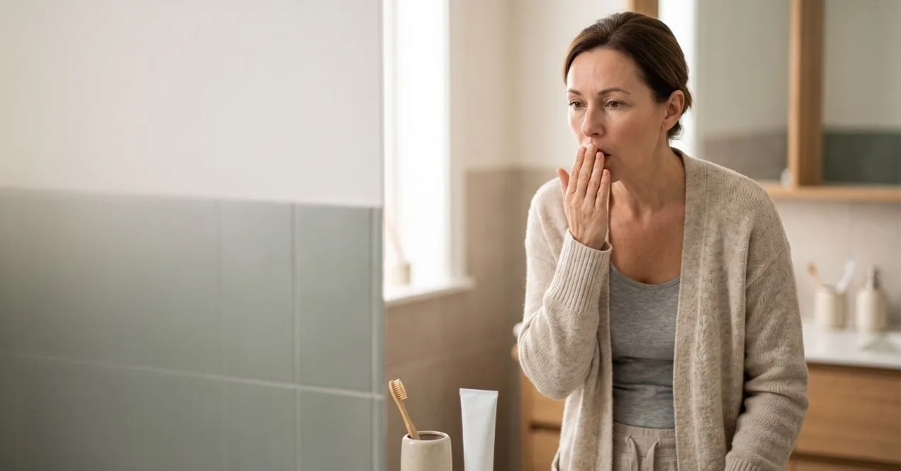 Woman covering her mouth while checking for bad breath in a mirror