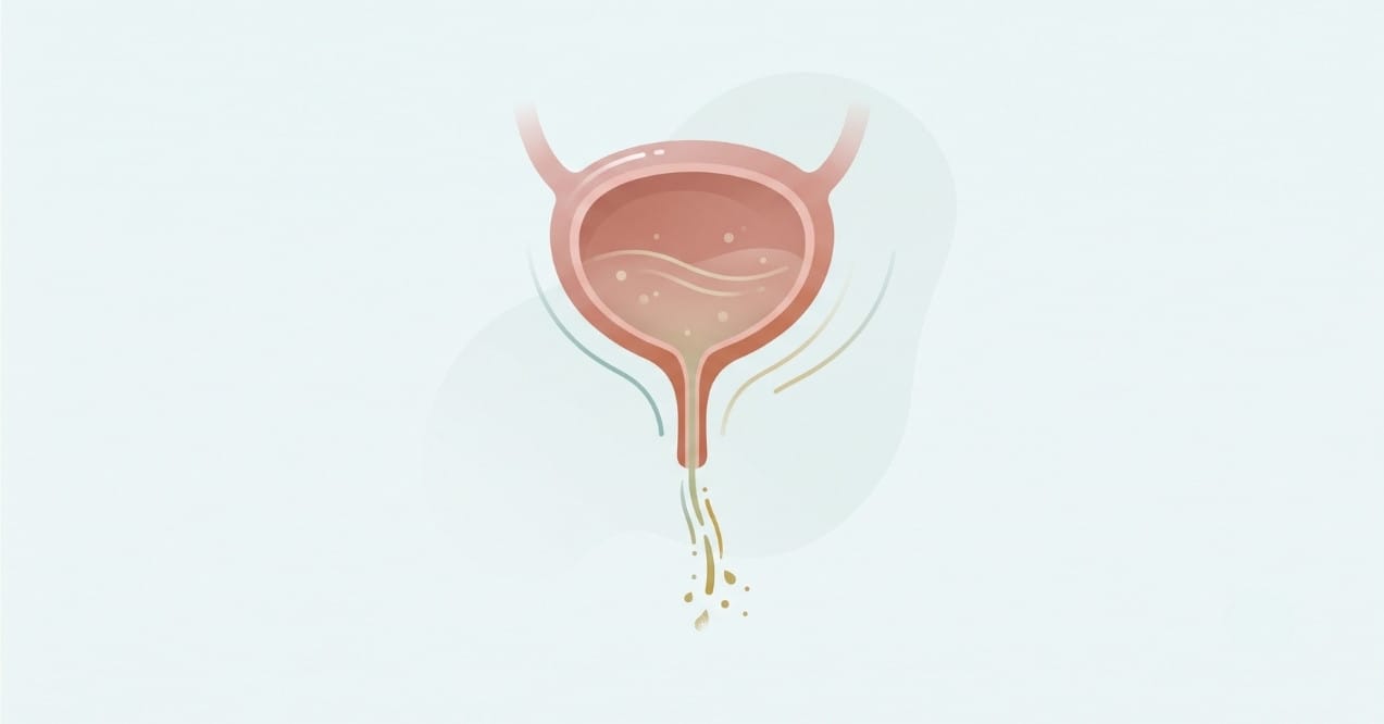 Illustration of a bladder showing a weak urine stream exiting the urethra