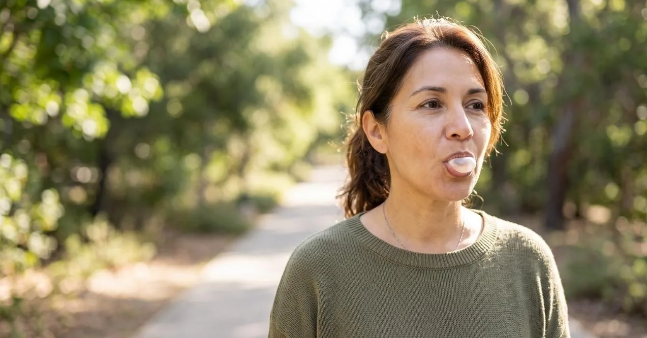 Woman chewing gum while walking outdoors