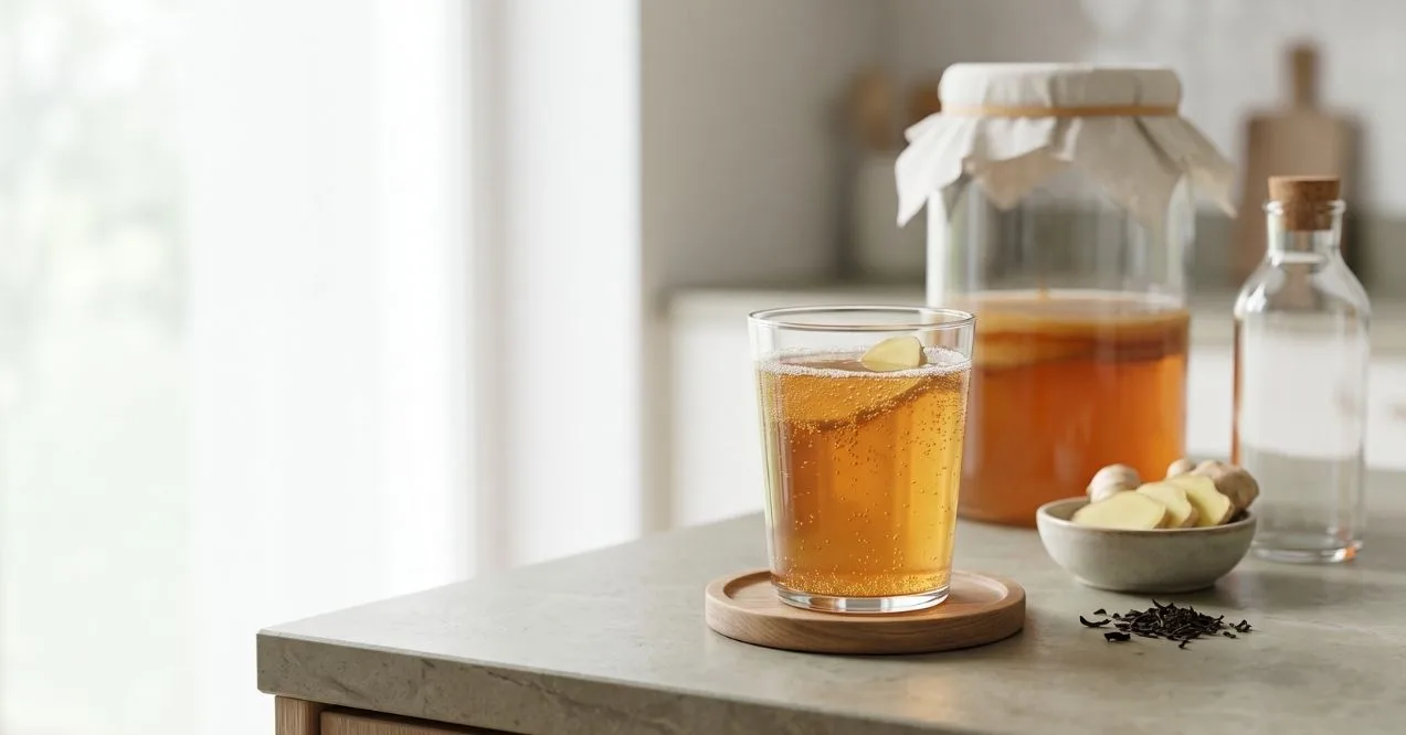 Glass of kombucha with ginger beside a fermentation jar